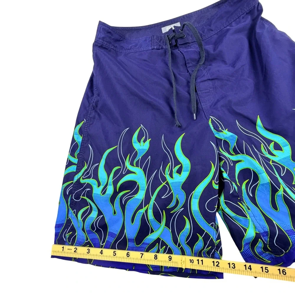 Utility Flame Print Baggy Board Shorts Men 34 Blue Surf Swim Trunks Y2K Vintage